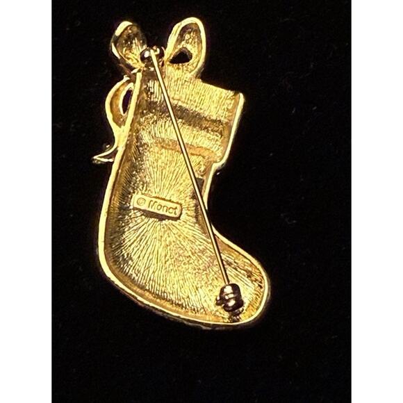 Vintage Christmas stocking brooch enamel and rhinestone gold tone Monet - Picture 2 of 7
